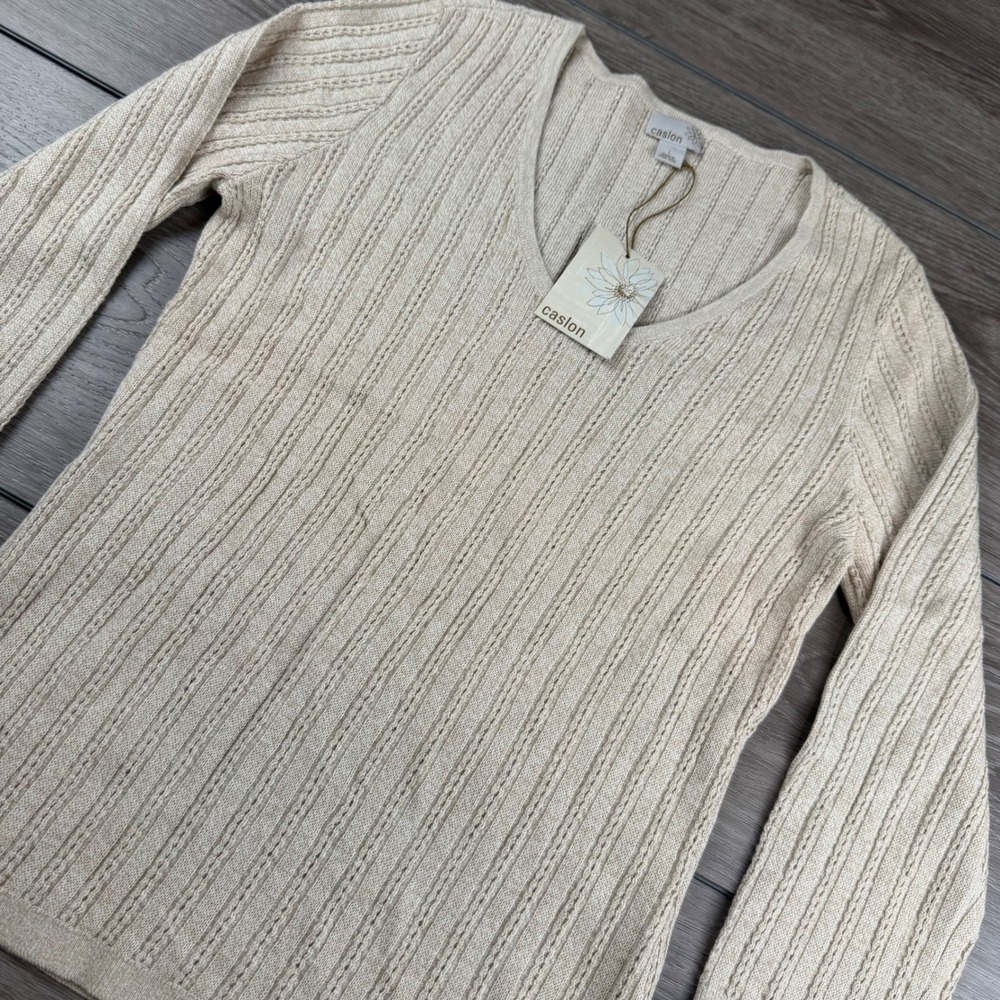 Caslon Womens Sweater V-Neck Cable Knit Cotton Beige Large